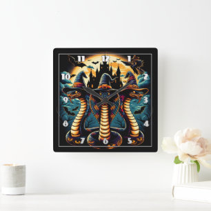 Halloween slangen in spookachtige kleding bij sche vierkante klok