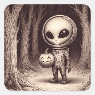 Halloween Space Alien met Jack-O-Lantern Vierkante Sticker