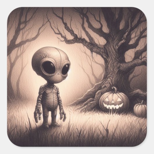 Halloween Space Alien met Pompoen Vierkante Sticker (Voorkant)