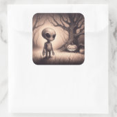 Halloween Space Alien met Pompoen Vierkante Sticker (Tas)