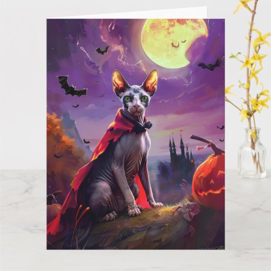 Halloween Sphynx Cat Vampire Pumpkins eng Kaart (Gele Bloem)