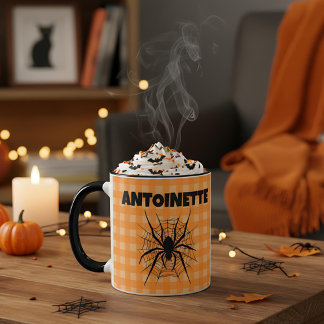 Halloween Spider in Cobweb Orange Gingham Plaid Mok