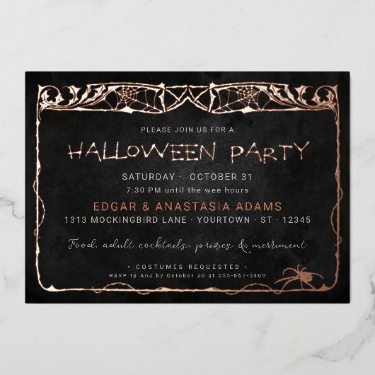 Halloween Spider Web Rose Gold Foil Invitation (Recto)