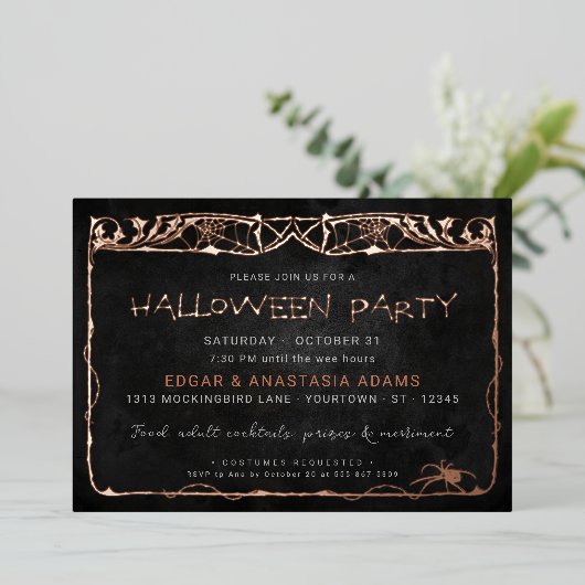 Halloween Spider Web Rose Gold Foil Invitation (Debout devant)