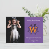 Halloween Spin Web Trick or treat Monogram Foto Feestdagenkaart (Staand voorkant)