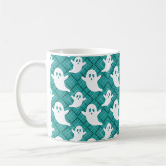Halloween-spoken op een turkooizen ruit koffiemok