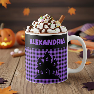 Halloween Spokenhuis Paars & Zwart Geruit Naam Koffiemok