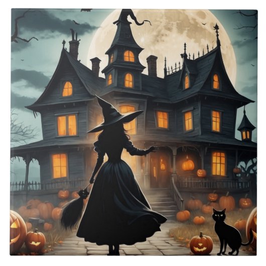 Halloween spookhuis en heks tegeltje (Voorkant)