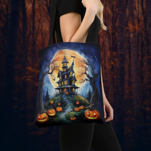 Halloween spookhuis met pompoenen draagtas