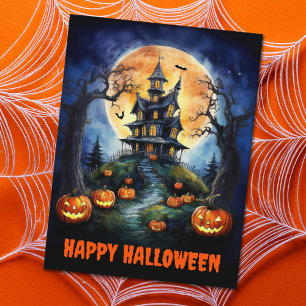 Halloween spookhuis met pompoenen feestdagenkaart