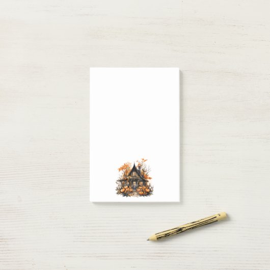 Halloween spookhuis met pompoenen & gebladerte post-it® notes (Op bureau)