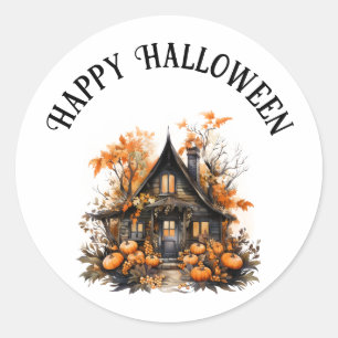 Halloween spookhuis met pompoenen & gebladerte ronde sticker