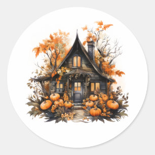 Halloween spookhuis met pompoenen & gebladerte ronde sticker