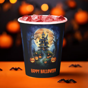 Halloween spookhuis met pompoenenfeest papieren bekers