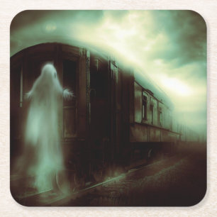 Halloween - spooktrein 1 vierkante kartonnen onderzetter