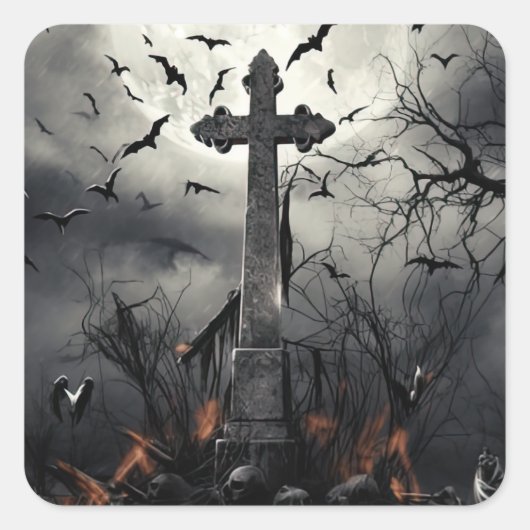 Halloween Spooky Graveyard Cemetery Gothic Vierkante Sticker (Voorkant)