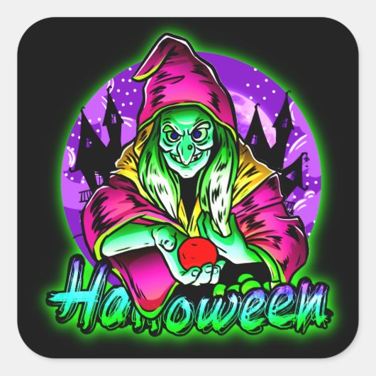 Halloween Spooky Green Witch Magic Pet Apple Vierkante Sticker (Voorkant)