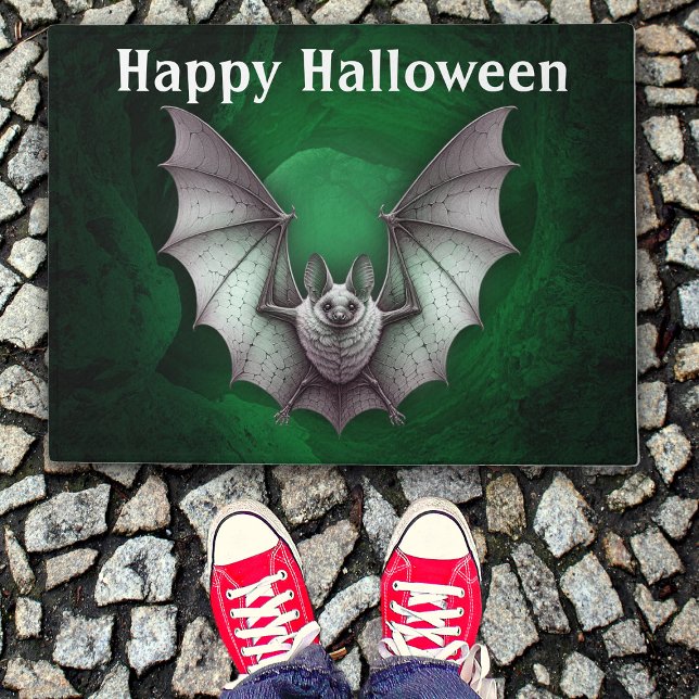 Halloween Spooky Grey Flying Bat Green Cave Deurmat (Spooky grey flying bat green glowing cave on Happy Halloween door mat.)