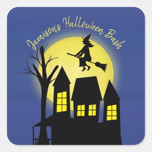 Halloween Spooky Heks Broomstick Moonlight Vierkante Sticker (Voorkant)