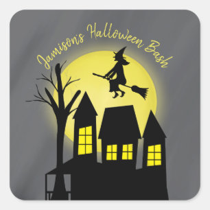 Halloween Spooky Heks Broomstick Moonlight Vierkante Sticker