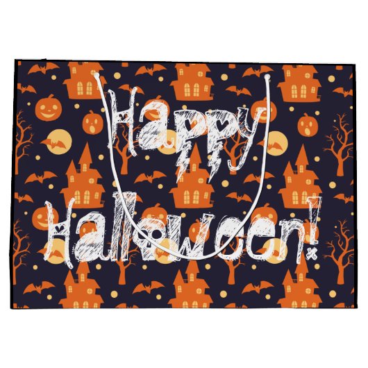 Halloween Spooky House Bats Trees Pumpkin Pattern Groot Cadeauzakje (Achterkant)