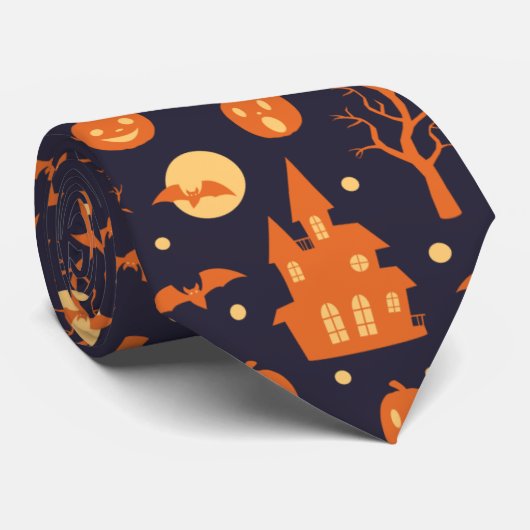 Halloween Spooky House Bats Trees Pumpkin Pattern Stropdas (Opgerold)