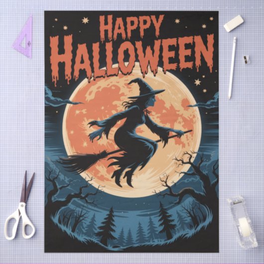 Halloween Spooky Witch Vliegen Over Een Volle Maan Tissuepapier (Craft)