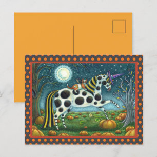 HALLOWEEN SPOTTED PONY & BAT CAT Whimsical Horse H Briefkaart