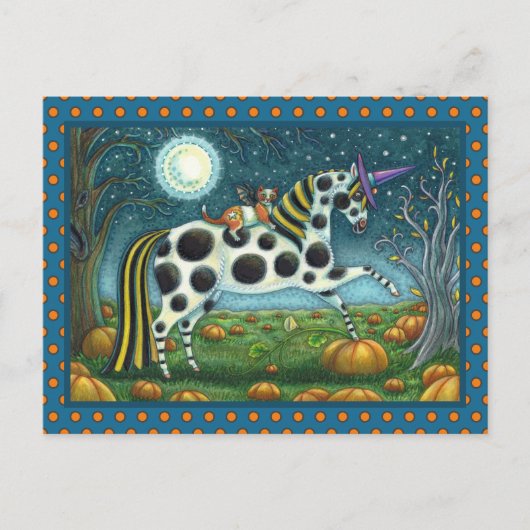 HALLOWEEN SPOTTED PONY & BAT CAT Whimsical Horse H Briefkaart (Voorkant)