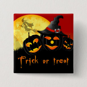 Halloween Square Button/Flying Witch and Pumpkins Vierkante Button 5,1 Cm
