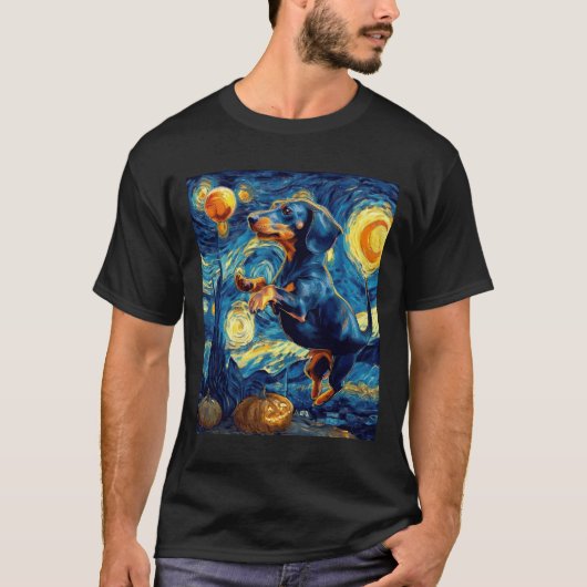 Halloween Starry Night Puppy Dachshund T-shirt (Voorkant)