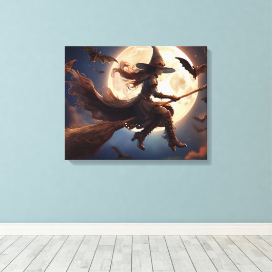 Halloween Steampunk Witch Moonlight Flight Canvas Afdruk (Insitu (Houten vloer))