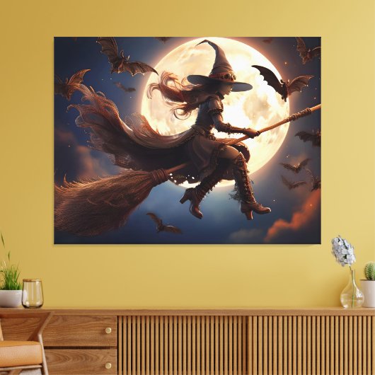 Halloween Steampunk Witch Moonlight Flight Canvas Afdruk (Insitu (Woonkamer))