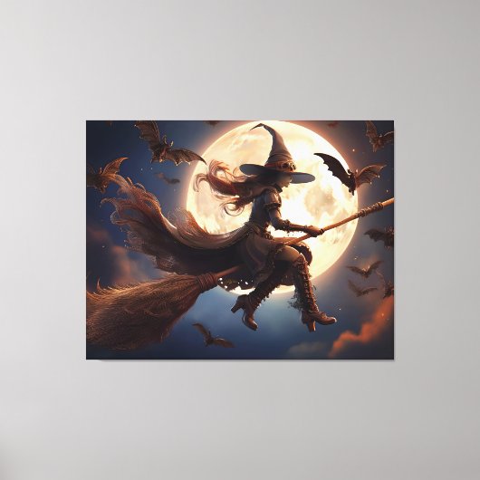 Halloween Steampunk Witch Moonlight Flight Canvas Afdruk (Voorkant)