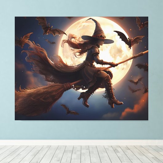 Halloween Steampunk Witch Moonlight Flight Canvas Afdruk (Insitu (Houten vloer))