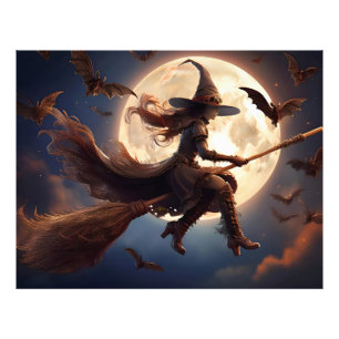 Halloween Steampunk Witch Moonlight Flight Foto Afdruk
