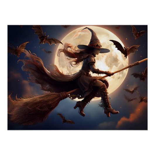 Halloween Steampunk Witch Moonlight Flight Perfect Poster (Voorkant)