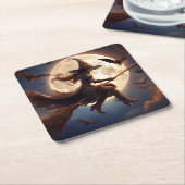 Halloween Steampunk Witch Moonlight Flight Vierkante Kartonnen Onderzetter (Schuin)