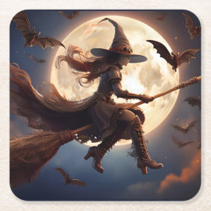 Halloween Steampunk Witch Moonlight Flight Vierkante Kartonnen Onderzetter