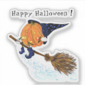 Halloween Sticker heks Pumpkin Flying Broom (Voorkant)