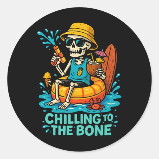 Halloween Summer Chilling to the Bone Skeleton Flo Ronde Sticker (Voorkant)