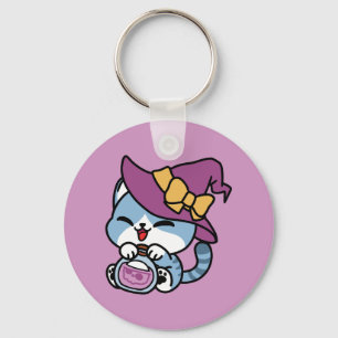 Halloween Tabby Kat – Heksenhoed & Toverdrank Kuns Sleutelhanger