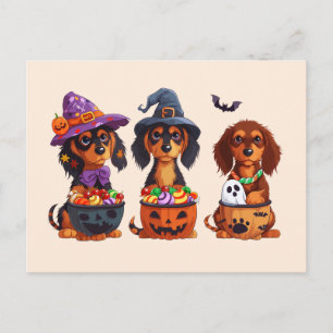 Halloween Teckel Honden Pompoen Snoep Bucket Briefkaart