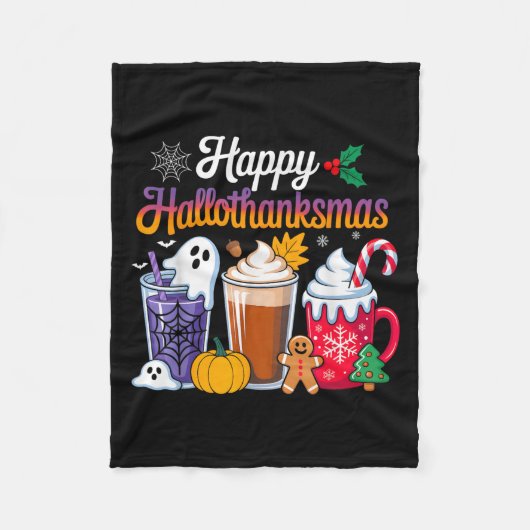 Halloween Thanksgiving Christmas Happy Hallothanks Fleece Deken (Voorkant)
