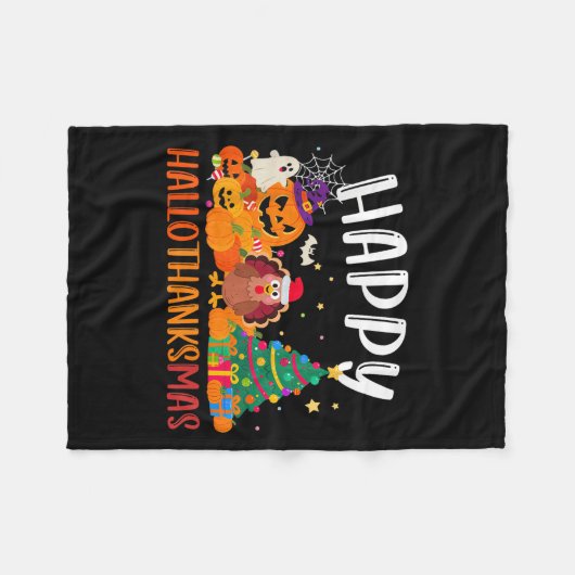 Halloween Thanksgiving Christmas Happy Hallothanks Fleece Deken (Voorkant (Horizontaal))