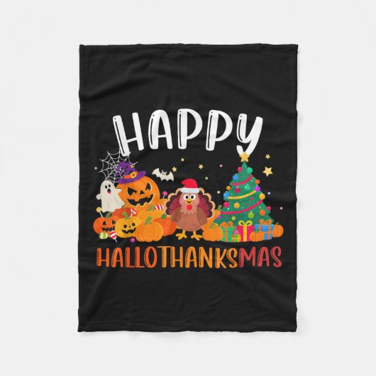Halloween Thanksgiving Christmas Happy Hallothanks Fleece Deken (Voorkant)
