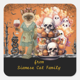 Halloween thema voor kattenliefhebbers met snoepje vierkante sticker