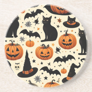 Halloween-Thema Zwarte Kat en Pompoen Patroon Zandsteen Onderzetter