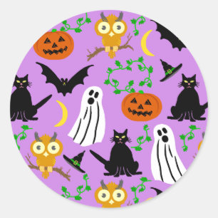 Halloween Theme Collage Toss Pattern Paars Ronde Sticker