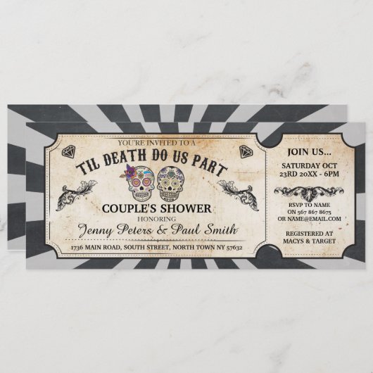 Halloween Ticket Koppel Borrel Schedels Uitnodigin Kaart (Voorkant / Achterkant)